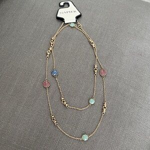 Napier, Long, One Piece Gold Necklace w/ Pink, Blue & Green Stones